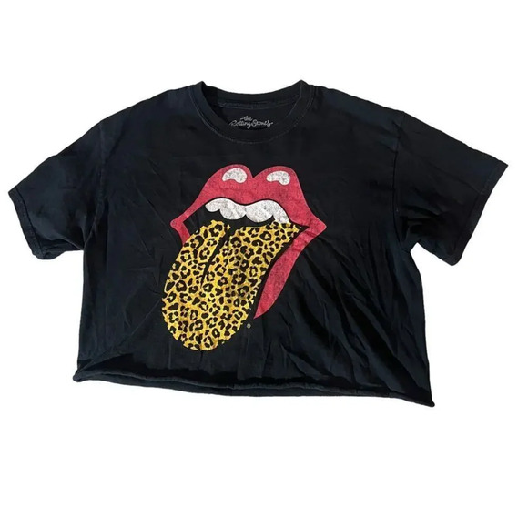 Rolling Stones Shirt Womens Size Small Black Cut-Off Leopard Print Tongue‎ - Picture 1 of 3